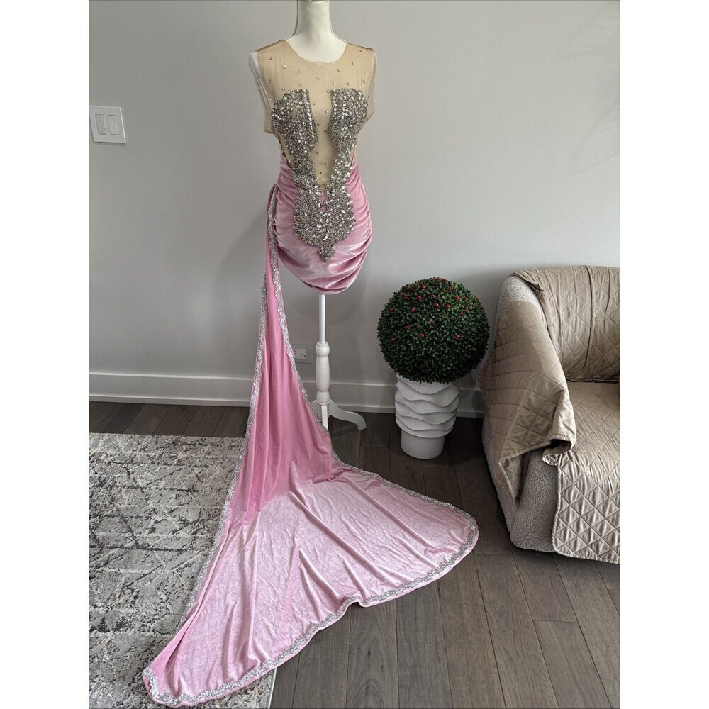 Embellished Pink Midi Dress with Sheer Bodice